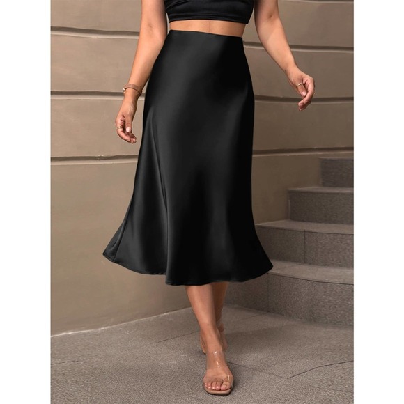 High Waist Satin midi Skirt black - Picture 1 of 8